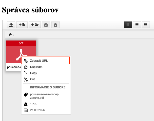 Správca súborov s ponukou po kliknutí pravým tlačidlom na nahraný súbor a voľbou Zobraziť URL
