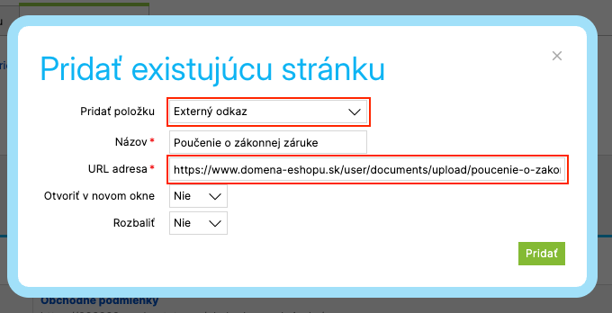 Formulár na pridanie položky do menu s vybraným typom Externý odkaz a vyplnenou URL adresou súboru