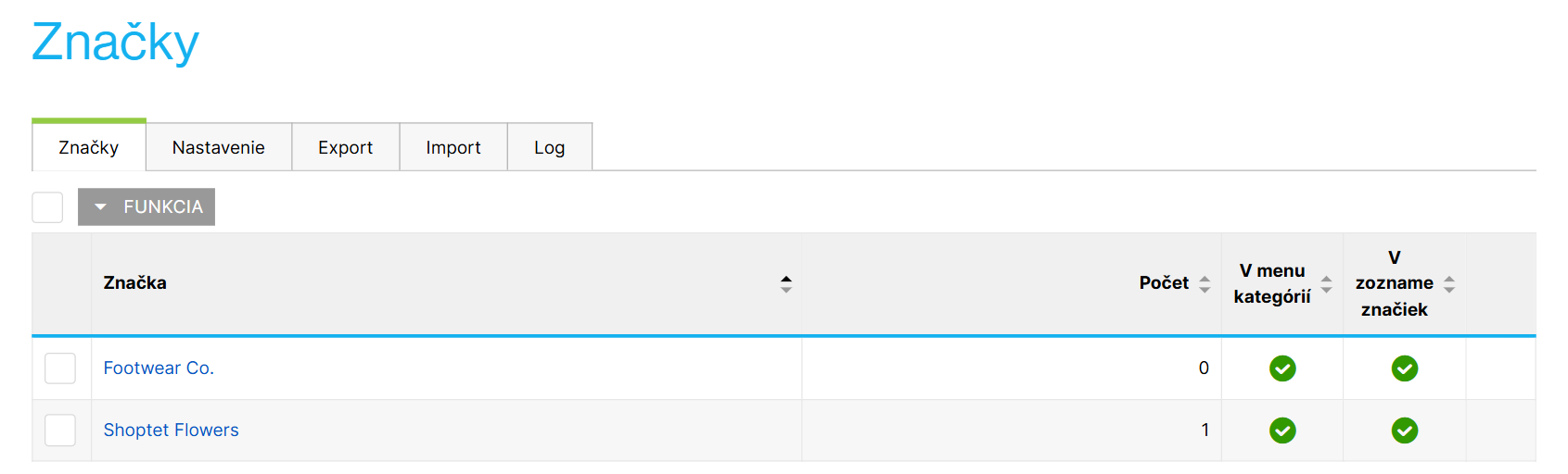 Prehľad značiek v administrácii e-shopu
