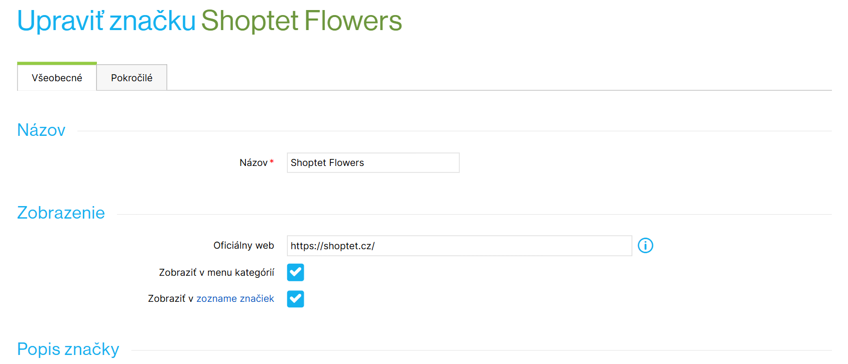 Všeobecné nastavenia v detaile značky