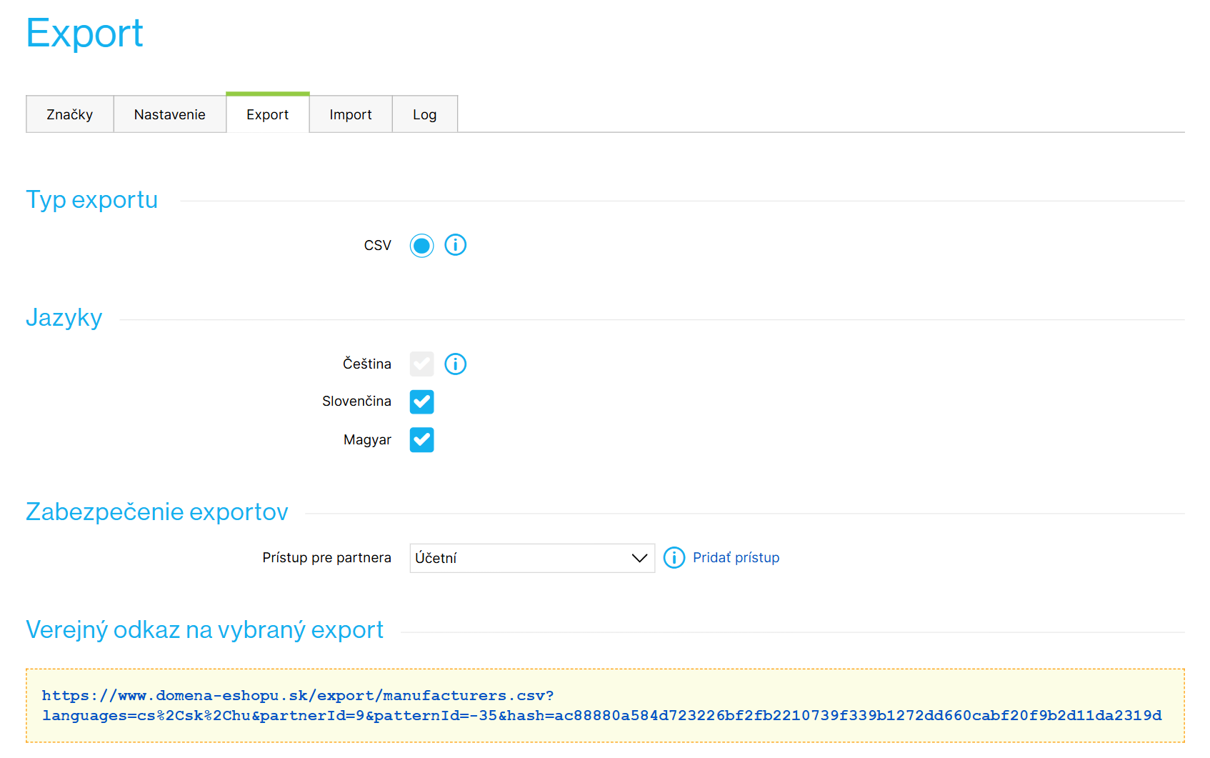 Možnosti exportu značiek