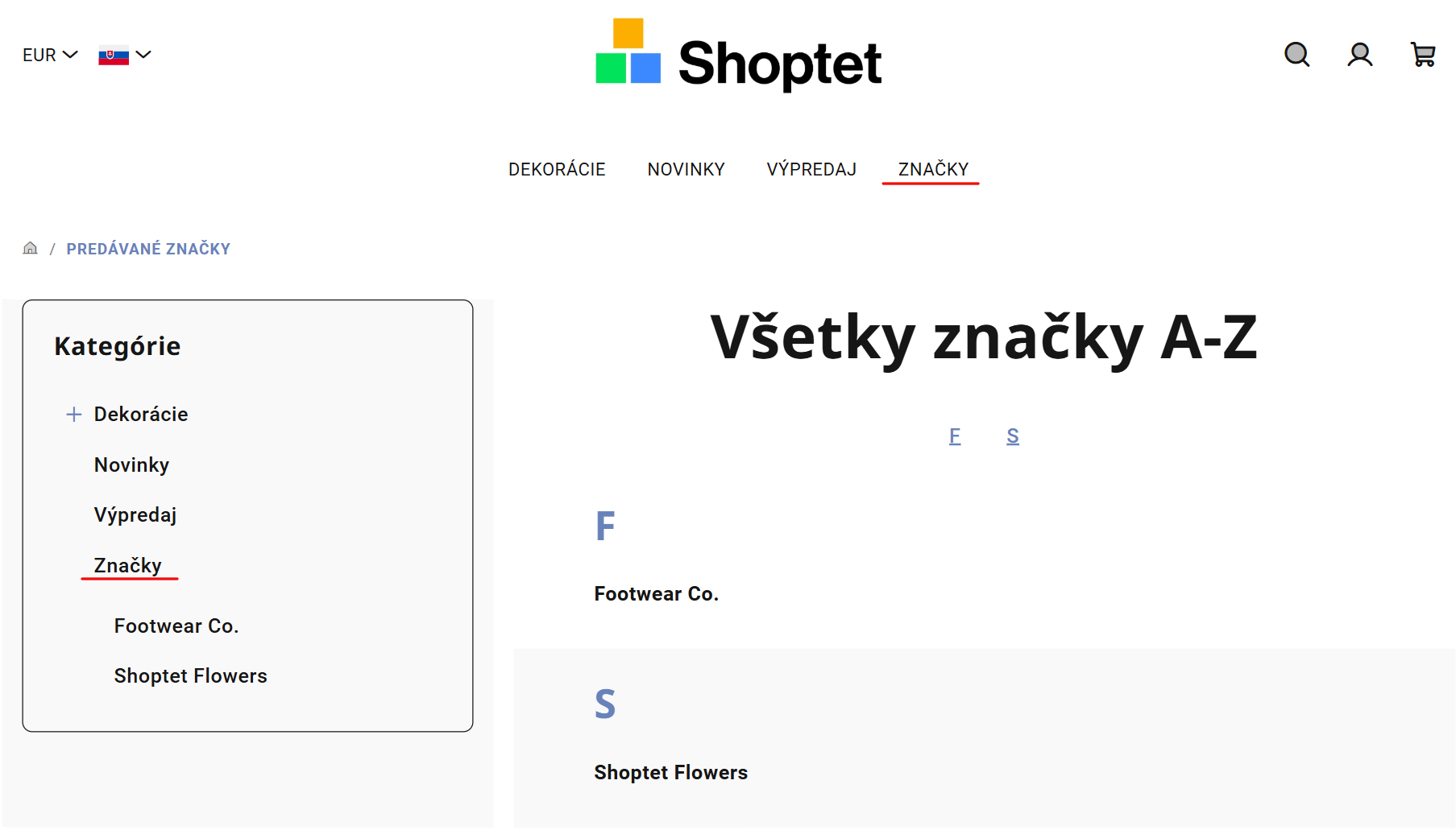 Stránka Predávané značky so zvýraznenými odkazmi vedúcimi na túto stránku