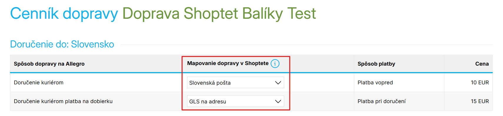 Namapovanie cenníka vlastnej dopravy na spôsob dopravy v Shoptete