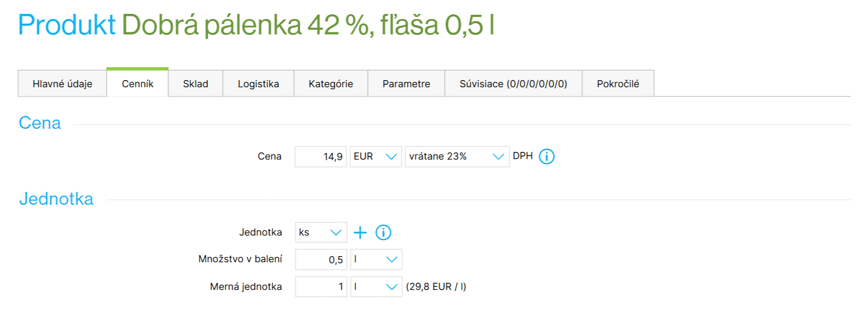 Príklad nastavenia mernej ceny produktu
