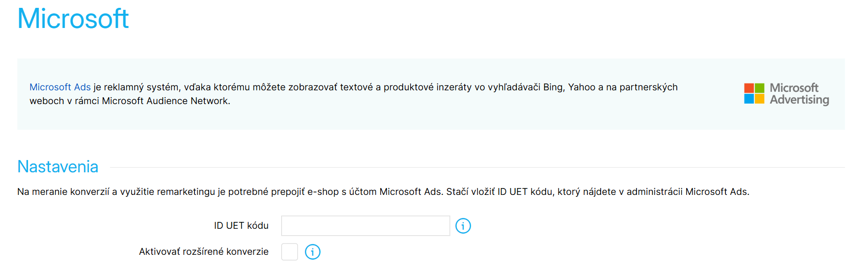 Nastavenie prepojenia s Microsoft Advertising v administrácii e-shopu