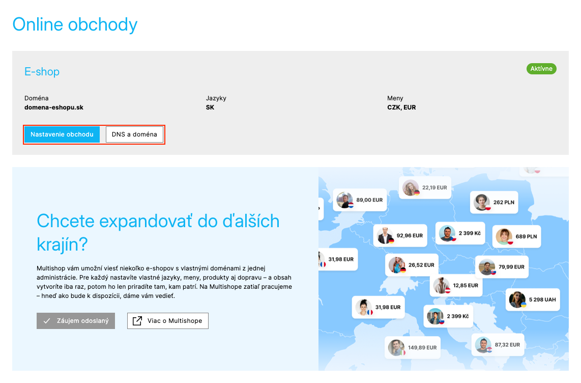 Stránka Online obchody s kartou obchodu, zvýraznenými tlačidlami Nastavenie obchodu a DNS a doména a boxom Multishopu