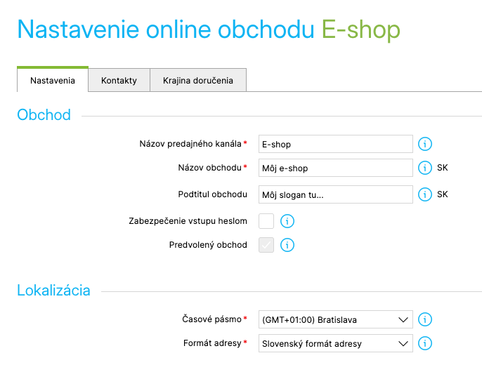 Nastavenie online obchodu, záložka Nastavenia s časťami Obchod a Lokalizácia