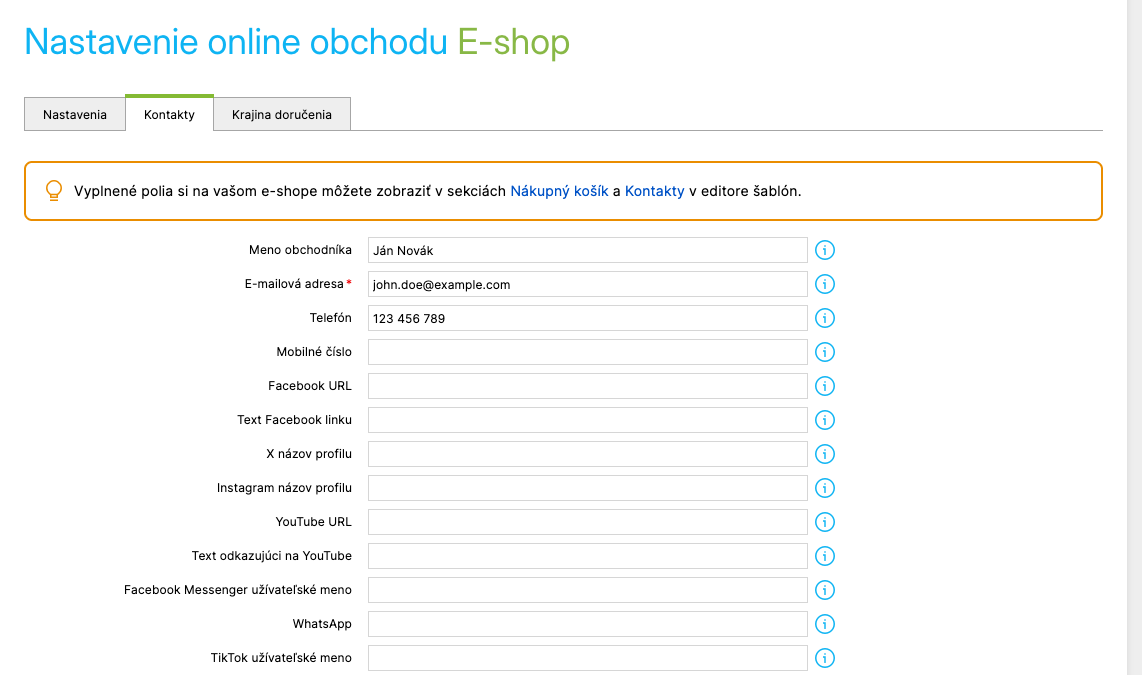 Nastavenie online obchodu, záložka Kontakty s poľami pre kontaktné údaje a sociálne siete