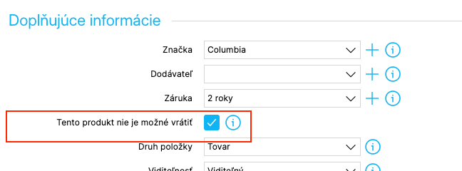 Sekcia Doplňujúce informácie na detaile produktu so zvýraznenou a zaškrtnutou možnosťou Tento produkt nie je možné vrátiť