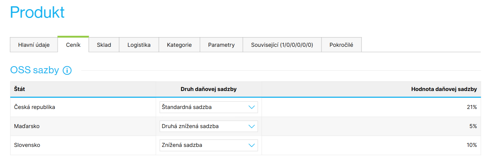 Nastavenie rôznych typov sadzieb pre jednotlivé krajiny u konkrétneho produktu