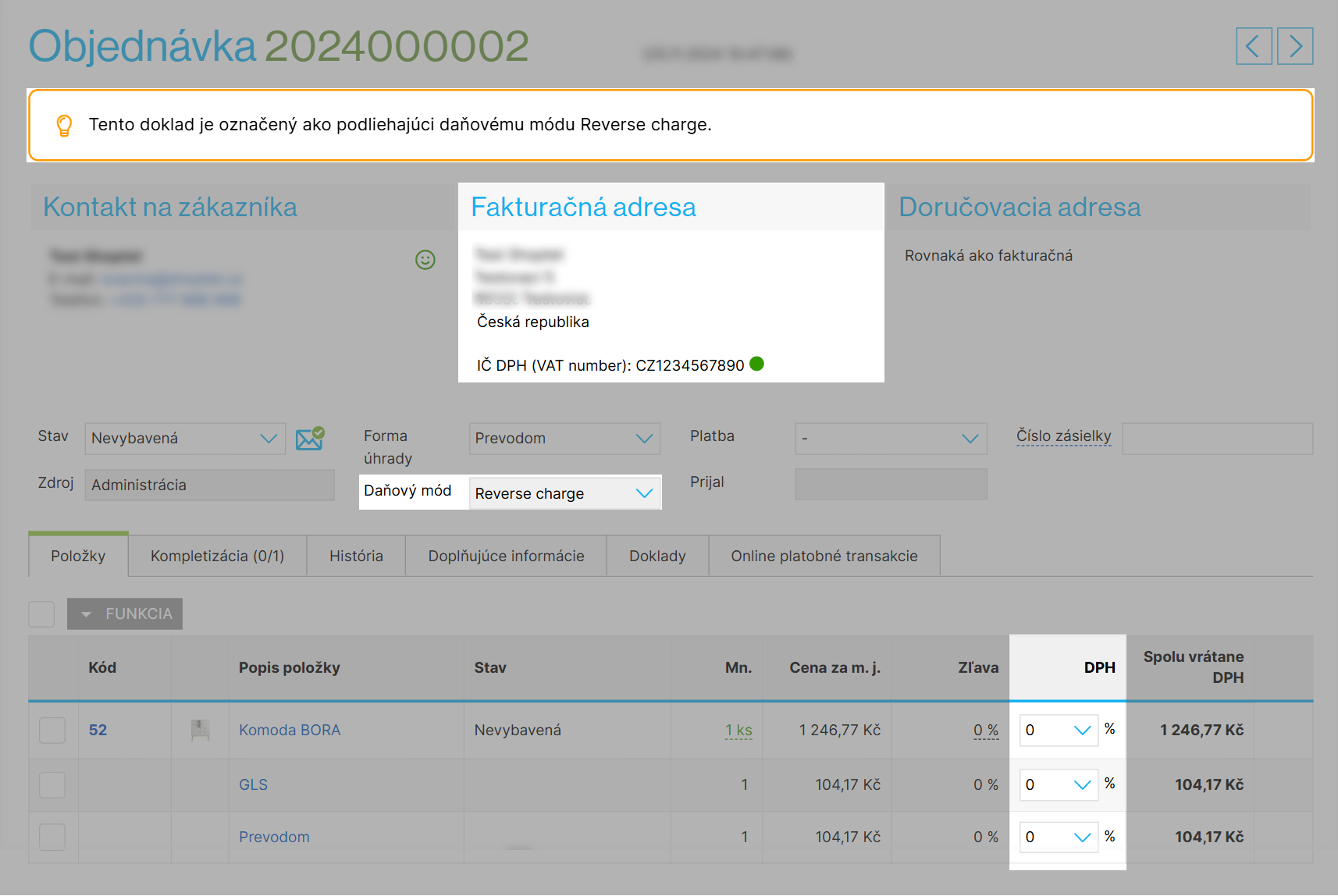 Detail objednávky v režime Reverse Charge
