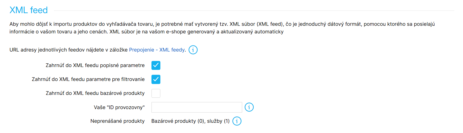 Možnosti nastavenia XML feedu