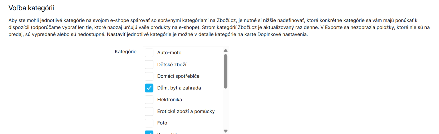 Výber Zboží.cz kategórií na spárovanie
