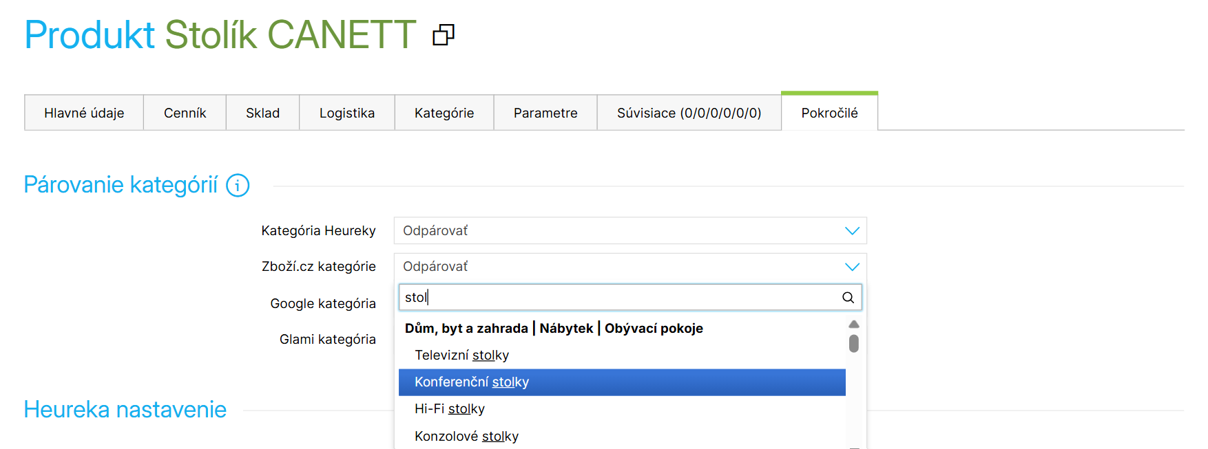 Párovanie Zboží.cz kategórie v detaile produktu