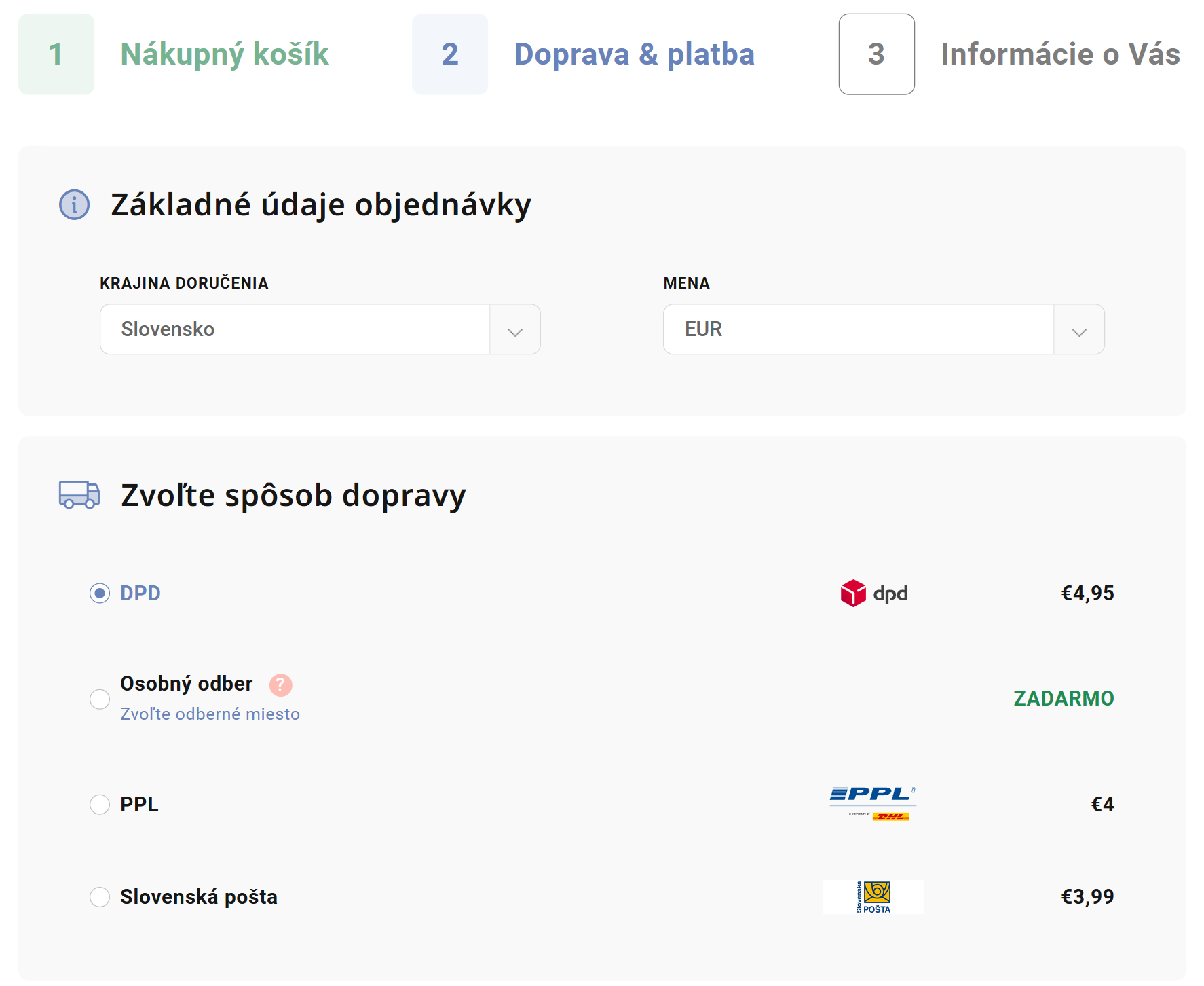 Zobrazenie spôsobov dopravy v košíku
