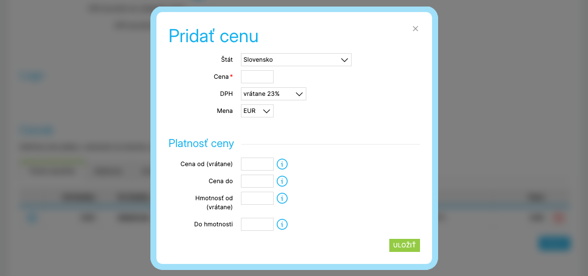 Okno na pridanie novej ceny k doprave