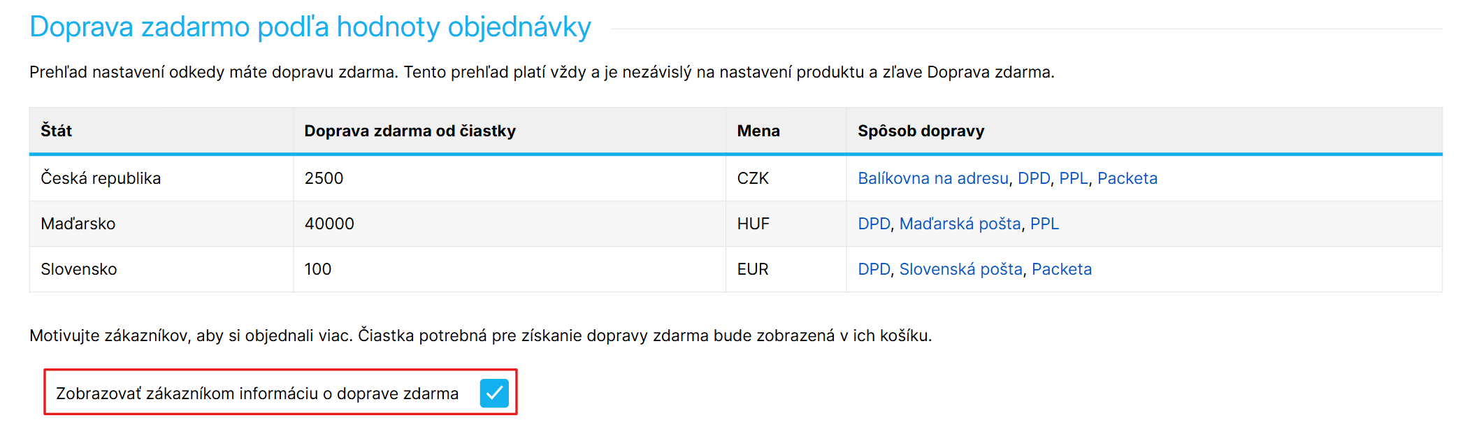 Prehľad dopravy zdarma podľa sumy objednávky