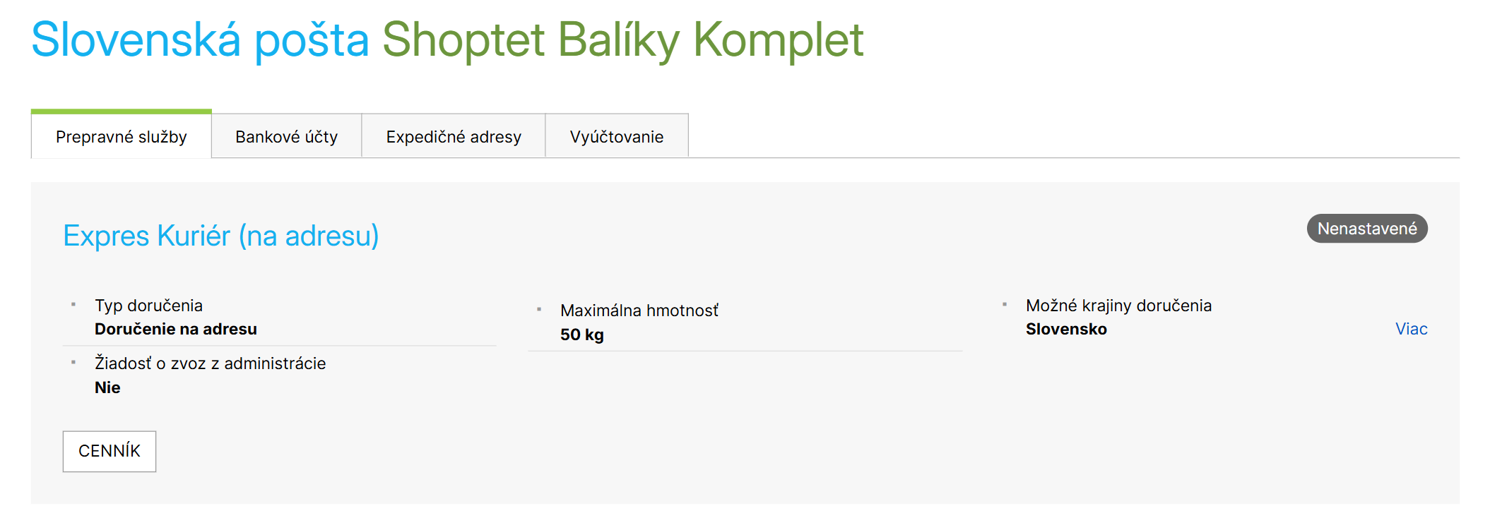 Príklad detailu prepravcu v službe Balíky Komplet