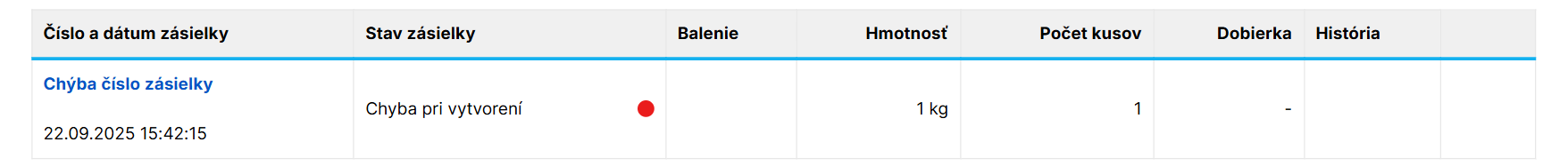 Ukážka zásielky, pri jej vytváraní došlo k chybe