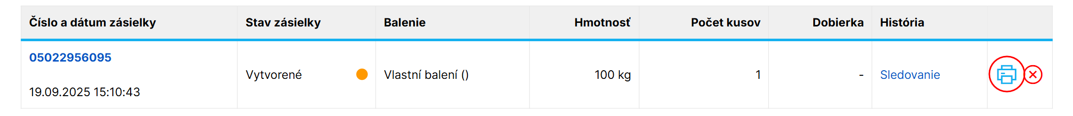 Tlačidlo pre tlač etikety zásielky