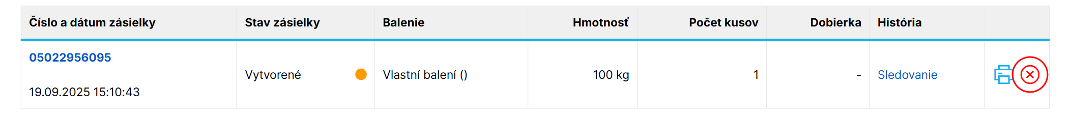 Tlačidlo na zrušenie alebo vymazanie zásielky