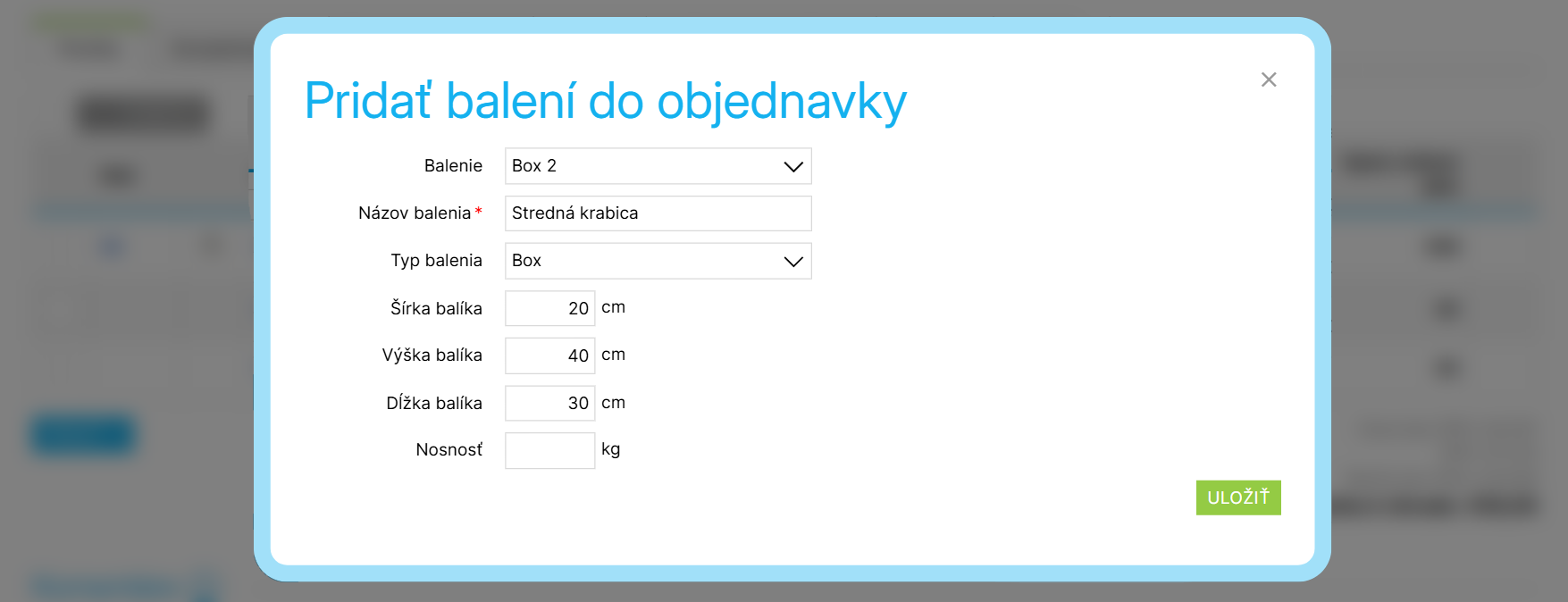 Príklad pridania balenia do objednávky
