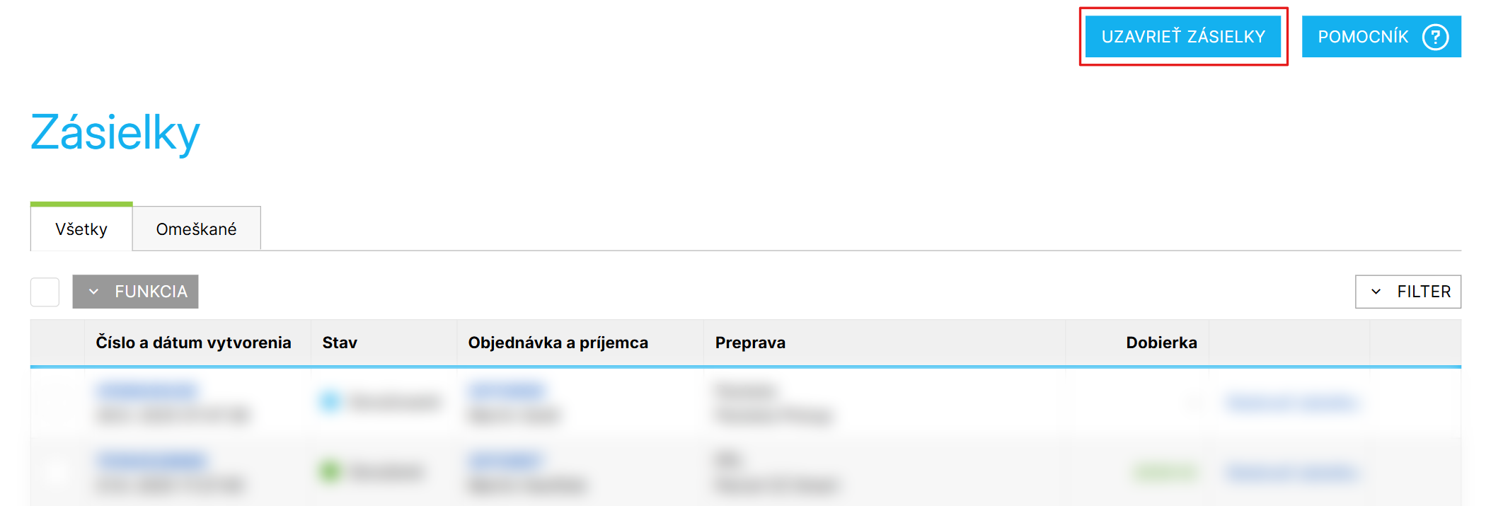 Tlačidlo pre uzavretie zásielok