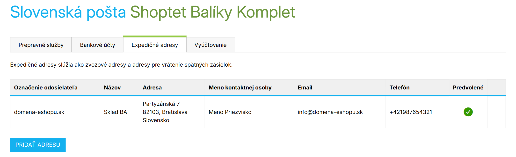 Prehľad expedičných adries pri prepravcovi