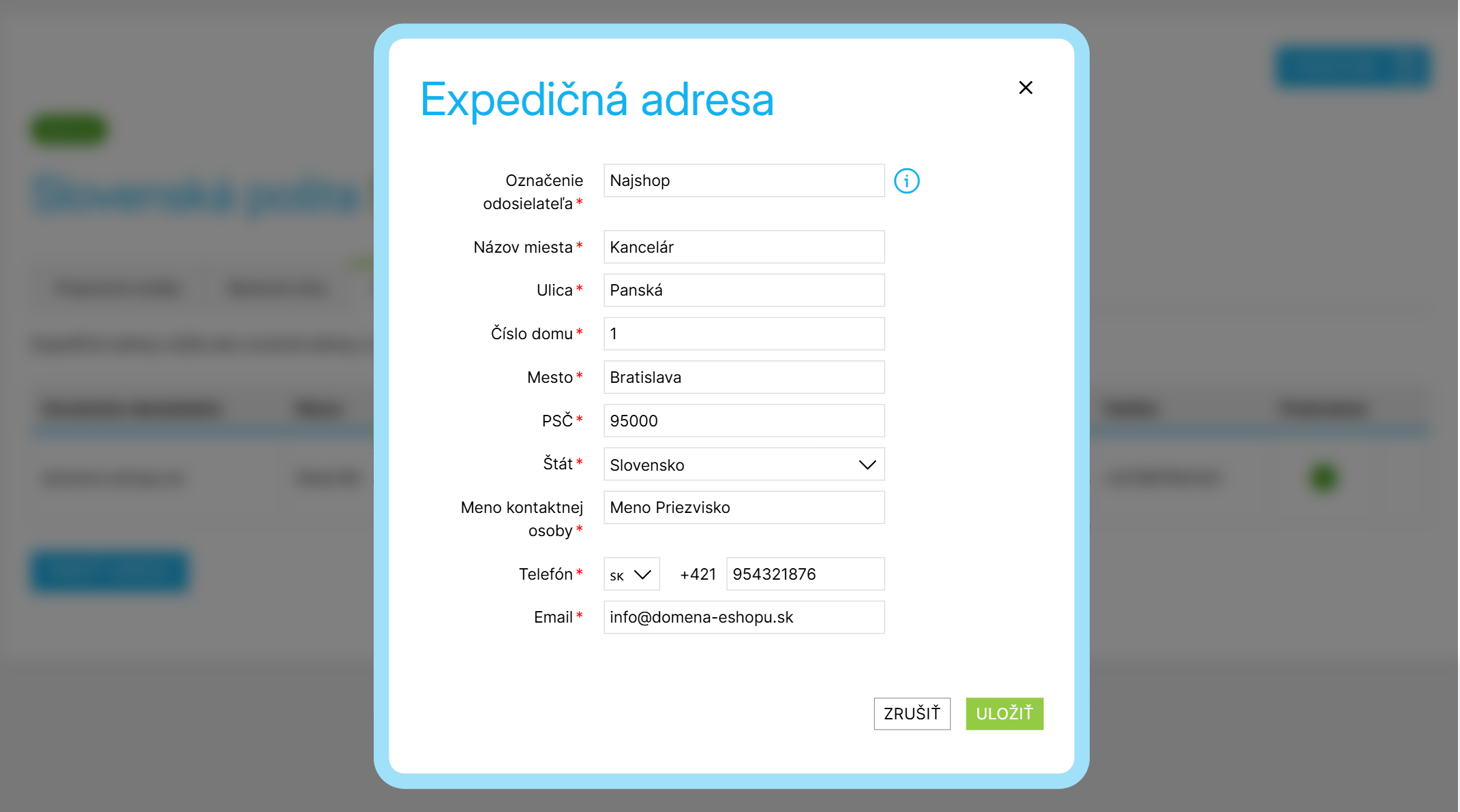 Založenie novej expedičnej adresy