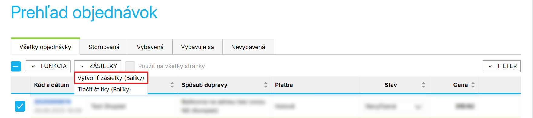 Hromadné vytvorenie zásielok z prehľadu objednávok
