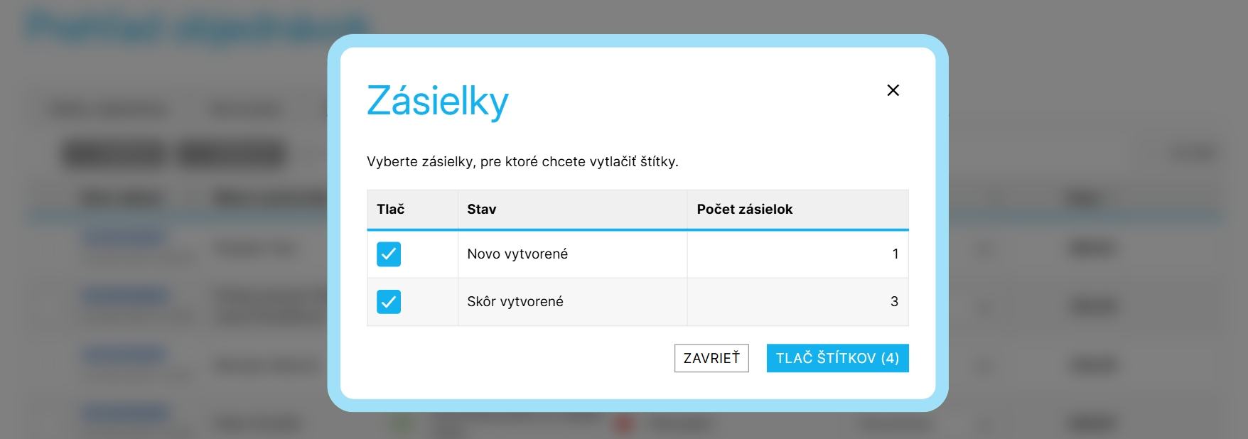 Súhrn hromadne vytvorených a nevytvorených zásielok