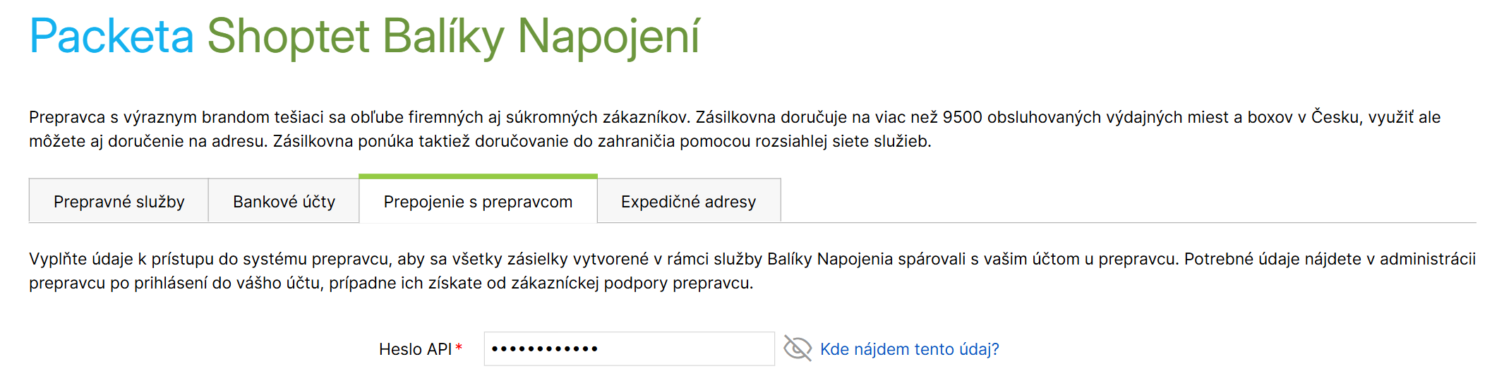 Záložka Prepojenie s prepravcom v detaile prepravcu v rámci služby Balíky Napojenie