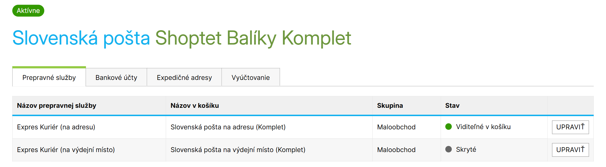 Prehľad prepravných služieb prepravcu
