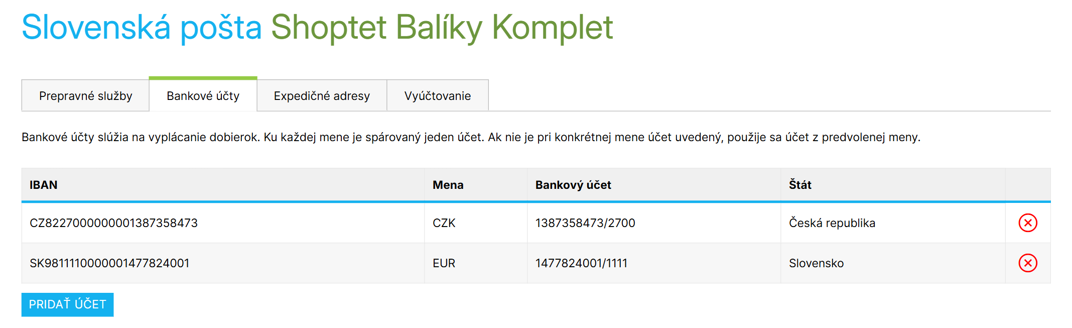 Nastavenie viacerých bankových účtov pre vyplácanie dobierok
