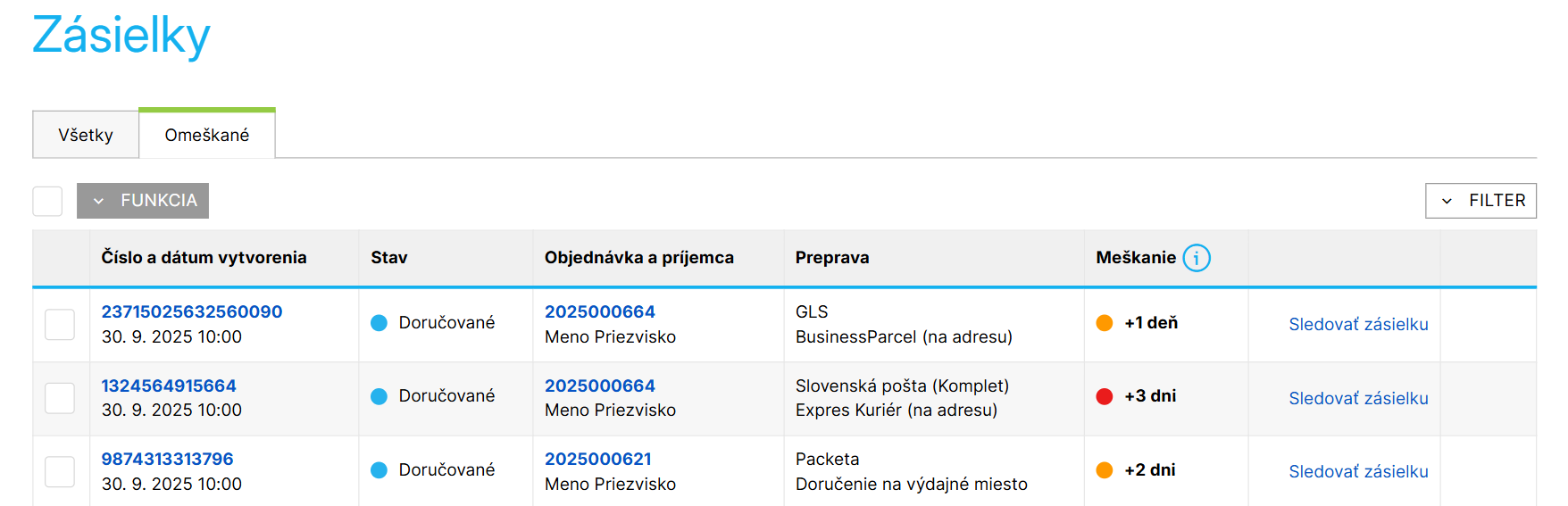 Prehľad oneskorených zásielok