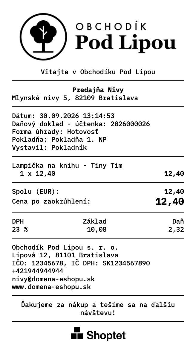 Ukážka účtenky s logom predajne, údajmi o predajni a názvom pokladne