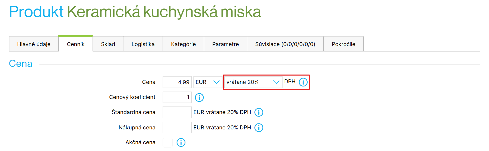 Nastavenie DPH pri konkrétnom produkte