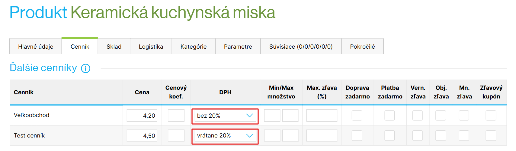 Nastavenie DPH pri konkrétnom produkte pre ďalšie cenníky