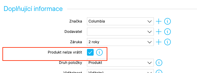 Sekce Doplňující informace na detailu produktu se zvýrazněnou a zaškrtnutou možností Produkt nelze vrátit