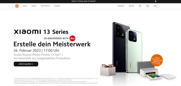 Die Website von Xiaomi mit einem großen CTA