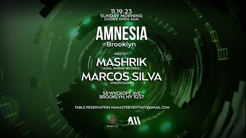 Namaste Presents AMNESIA w/ MASHRIK & MARCOS SILVA Sun 11.19 cover