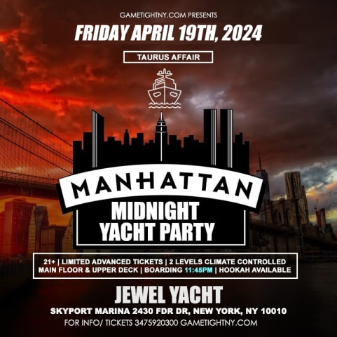 NYC Friday Taurus Midnight party Skyport Marina Jewel Yacht cover