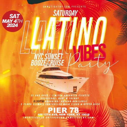 NYC Latin Vibes Sat Sunset Pier 78 Yacht Party Booze Cruise cover