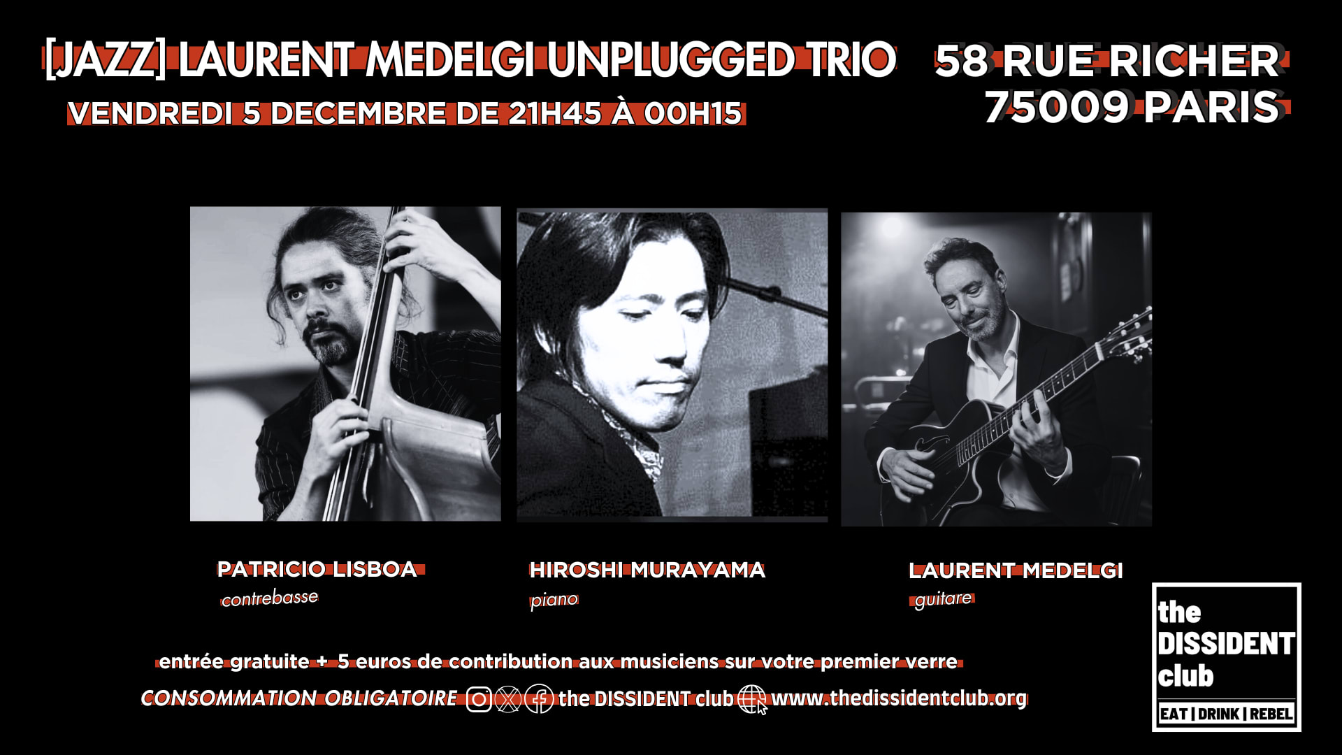 [Jazz] Laurent Medelgi Unplugged Trio Paris Cover