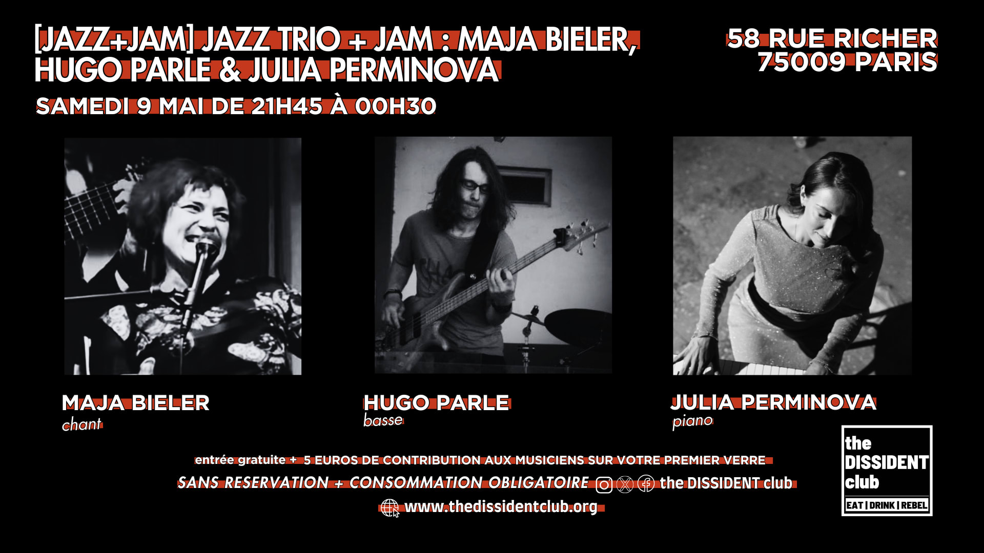 [Jazz+Jam] Jazz Trio + Jam : Maja Bieler, Hugo Parle & Julia Cover