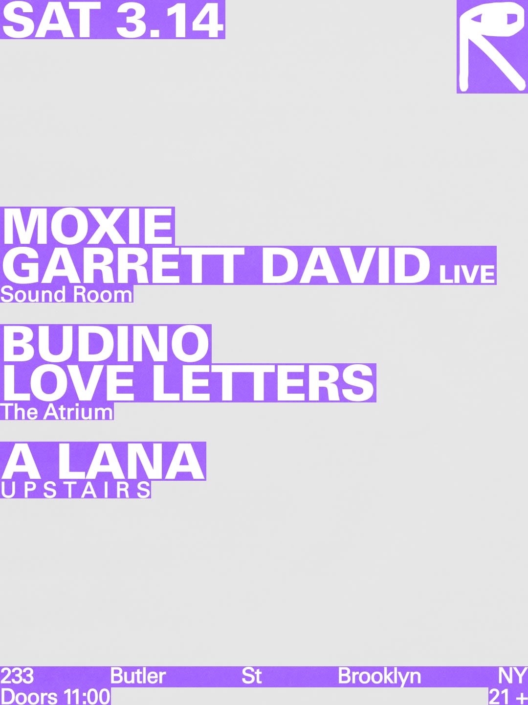 Moxie + Garrett David [Live] / Budino + Love Letters / A Lana Cover