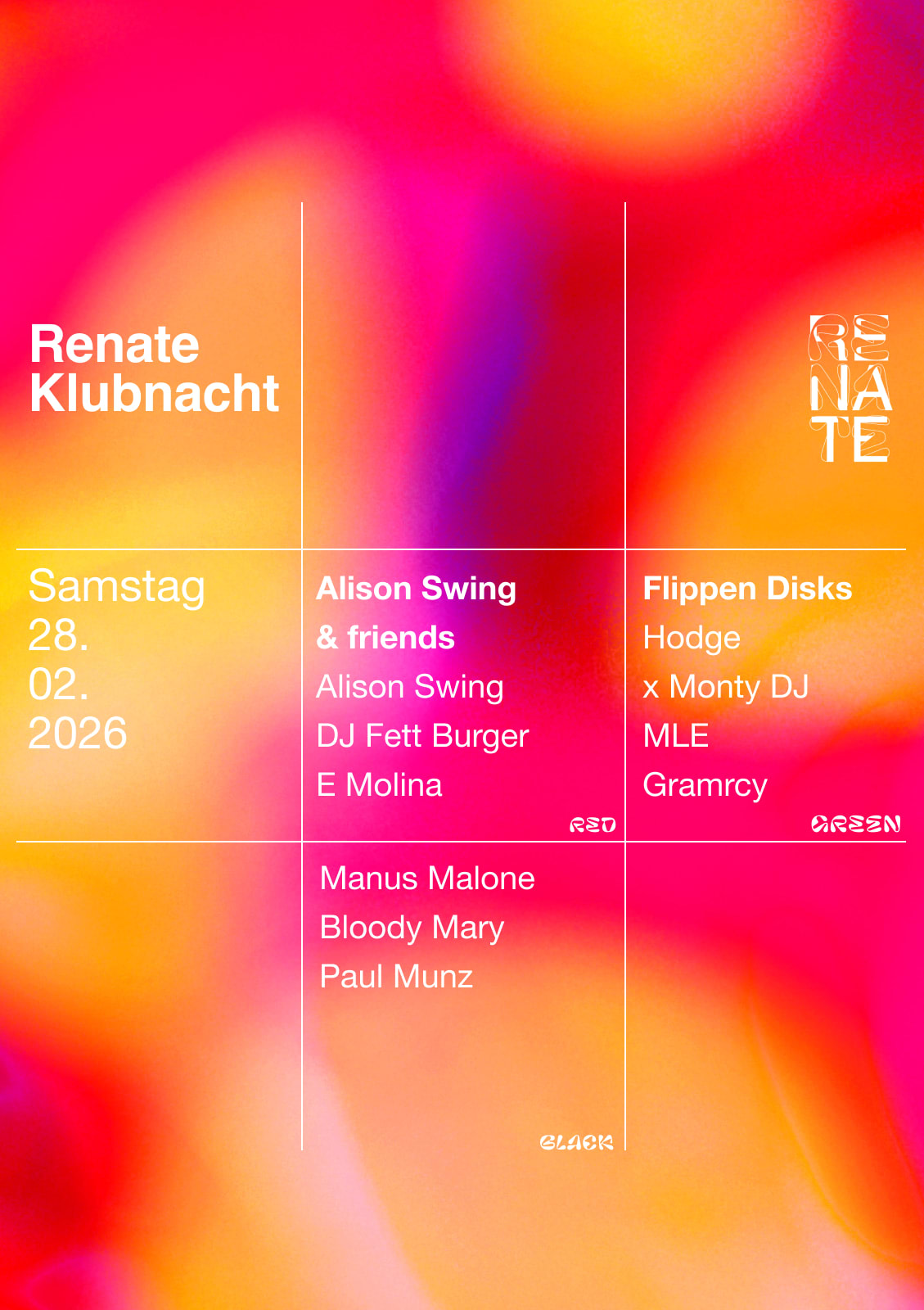 Renate Klubnacht W/ Hodge, Flippen Disks, Bloody Mary & Alison Swing Cover