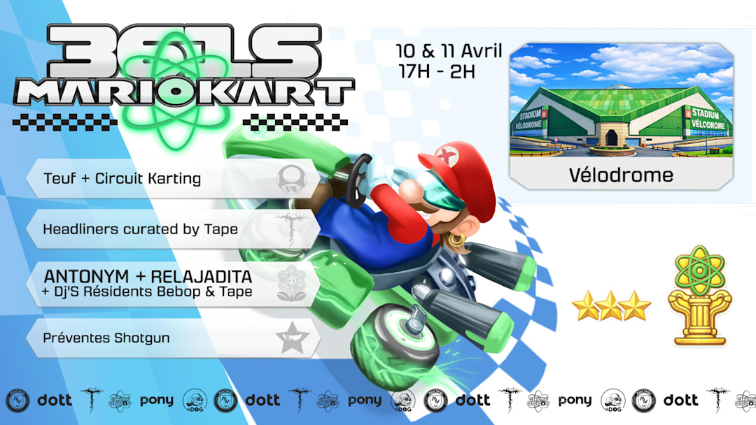 3615MARIOKART@VÉLODROME : TEUF + CIRCUIT KARTING: + DE 10DJS