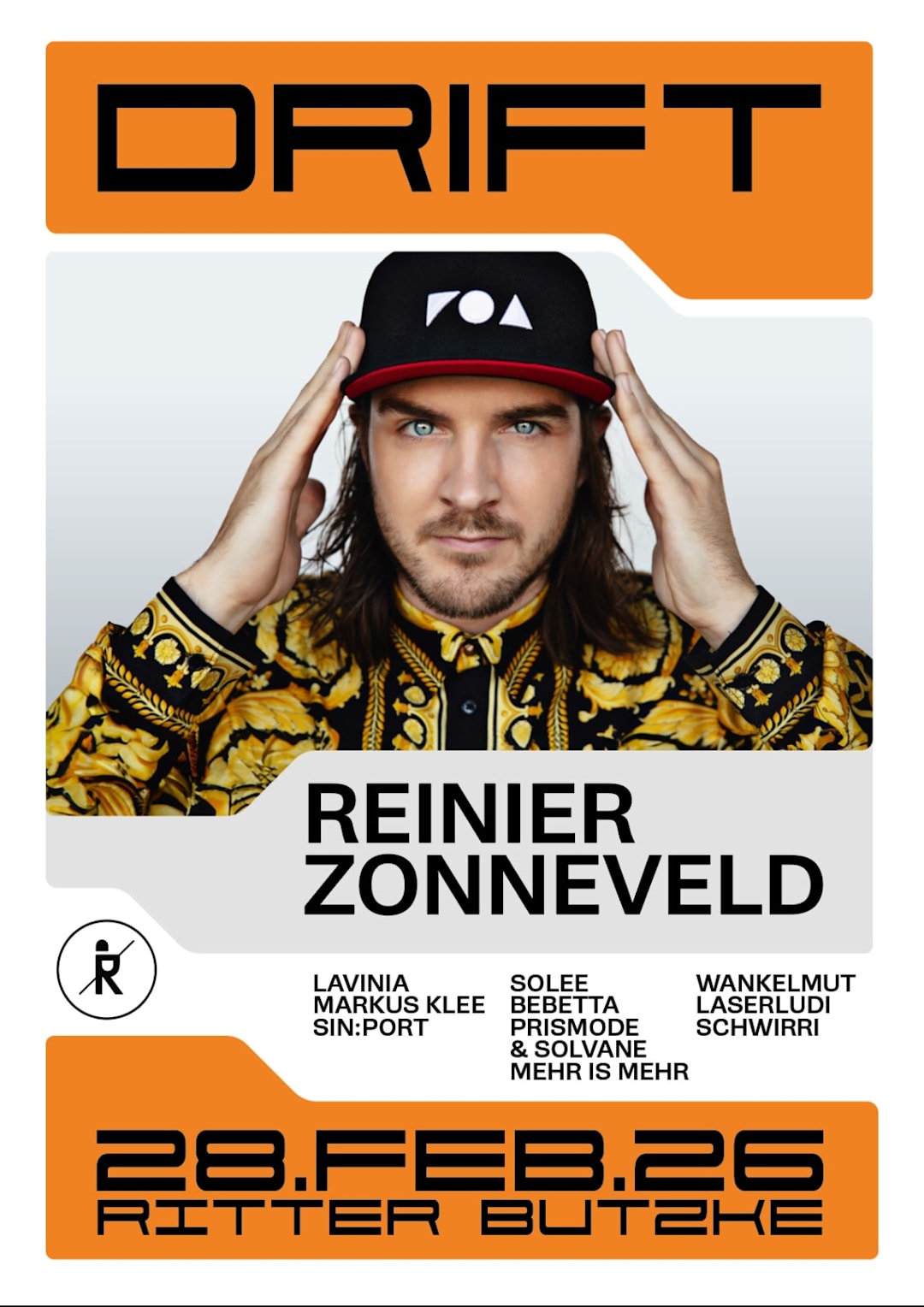 Cartel oficial del evento DRIFT w/ Reinier Zonneveld, Lavinia, Solee, Bebetta, Wankelmut