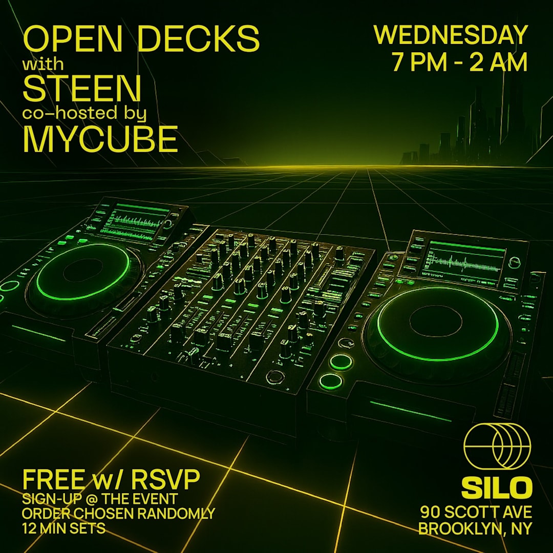 Cartel oficial del evento Open Decks with STEEN and MyCube